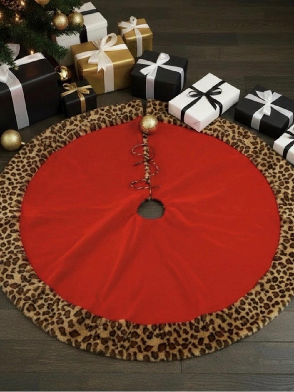 Red and Leopard Print Faux Fur Christmas Tree Skirt